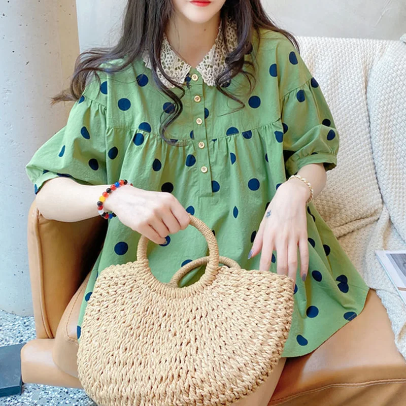 Sweet Peter Pan Collar Spliced Folds Lace Polka Dot Blouse Female Clothing 2023 Summer New Casual Pullovers Loose Korean Shirt