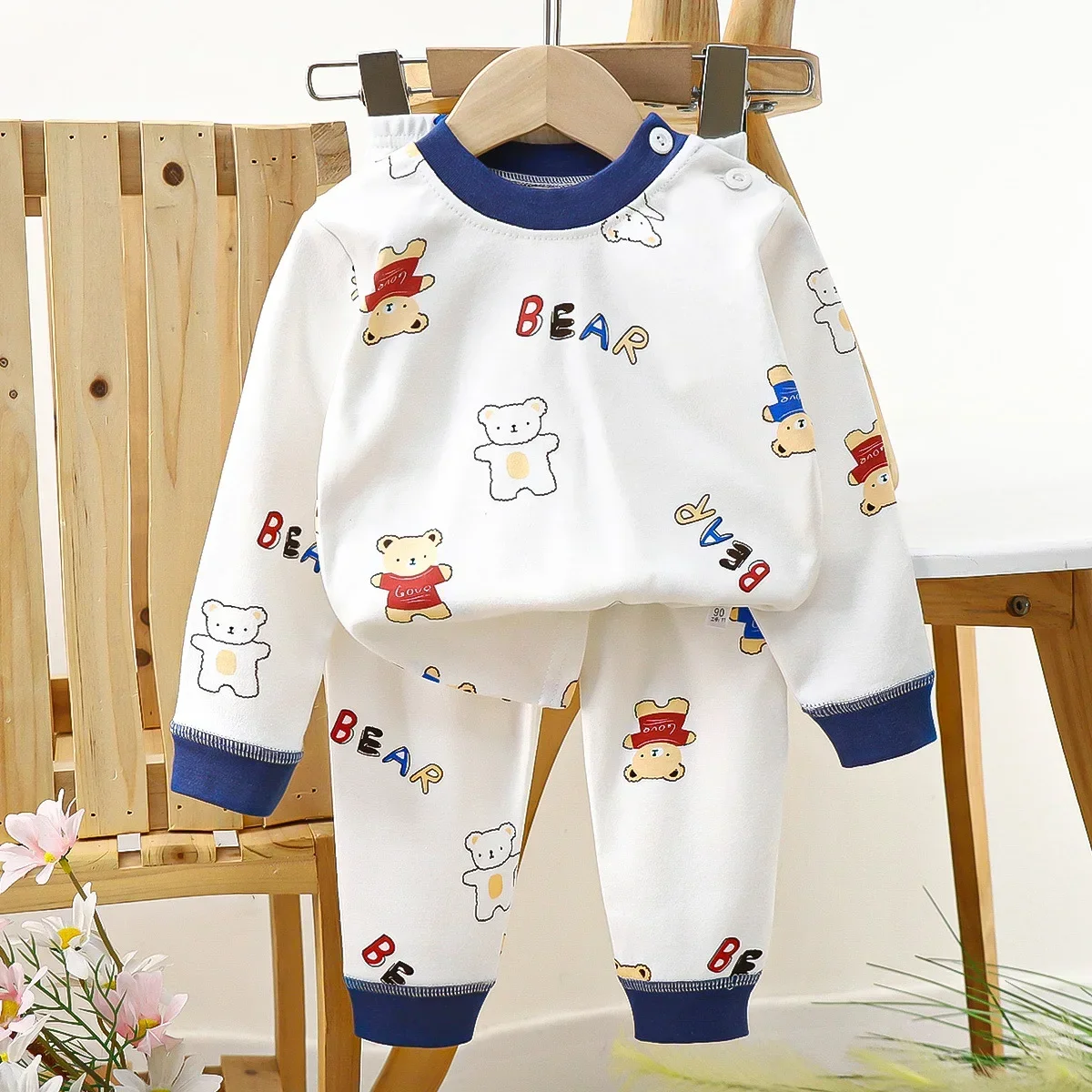 Kids Pure Cotton Pajamas Boys Cute Cartoon Bear Long Sleeve T-Shirt Tops with Pants Toddler Baby Autumn Sleepwear Clothing Sets