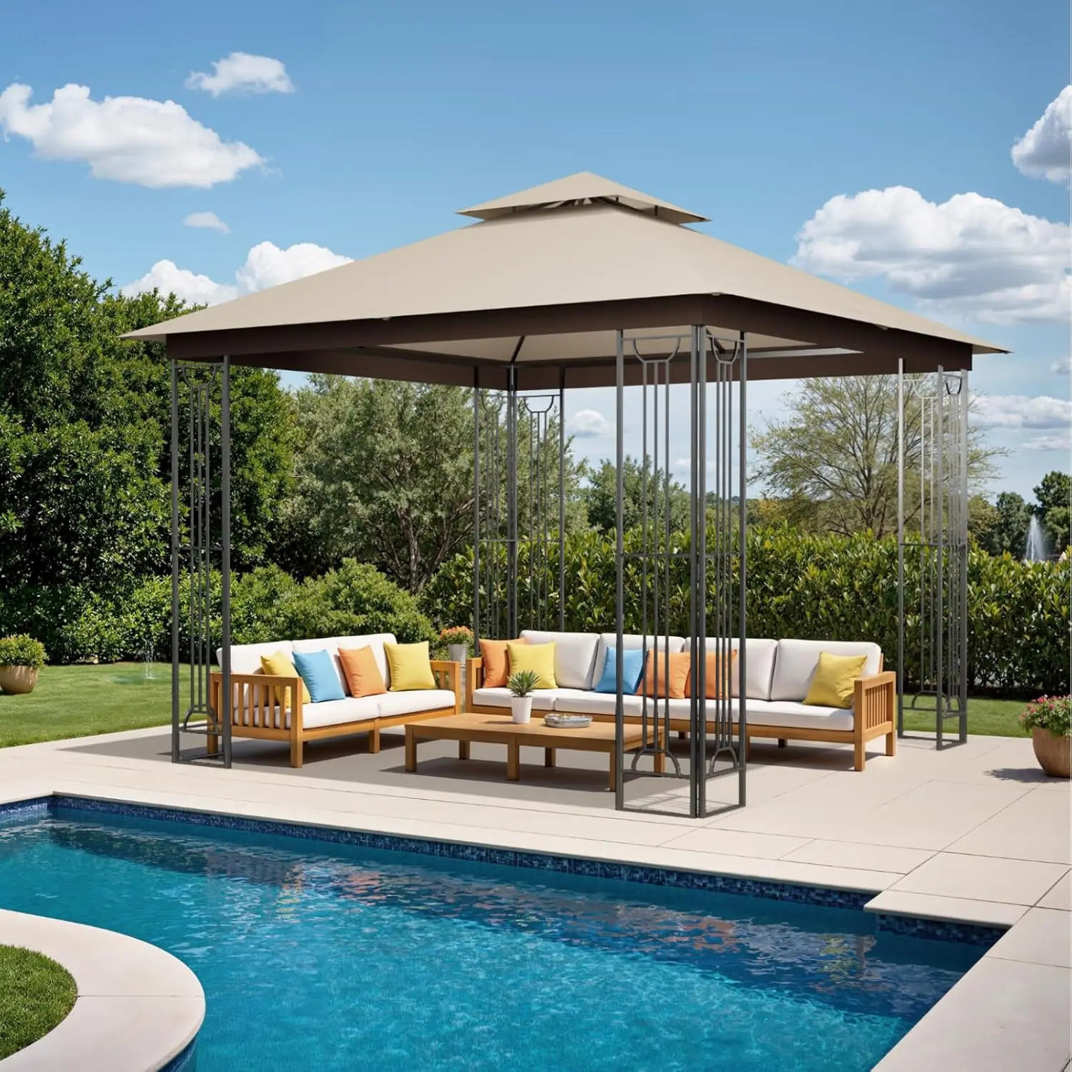 

10x10 FT Outdoor Patio Gazebo Heavy Duty Gazebos Soft Top Gazebo with Metal Frame Double Roof Canopy Permanent Pavilion for Deck