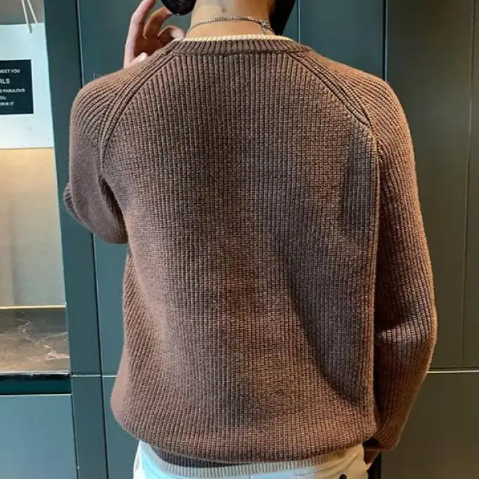 Sweater Rajut Pria Model Longgar, Pakaian Luar Musim Dingin Model Dua Lapis Palsu, Pakaian Santai Kasual, Pakaian Dalam, Ukuran Besar, Model Dua Lapis Palsu