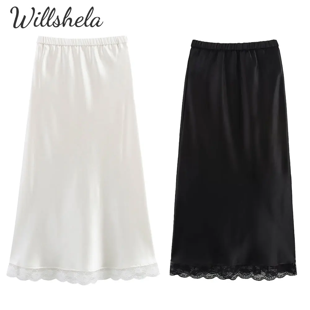 

Willshela Women Fashion Satin Midi Skirt Lace Hem Female Chic Lady Casual Long Skirt