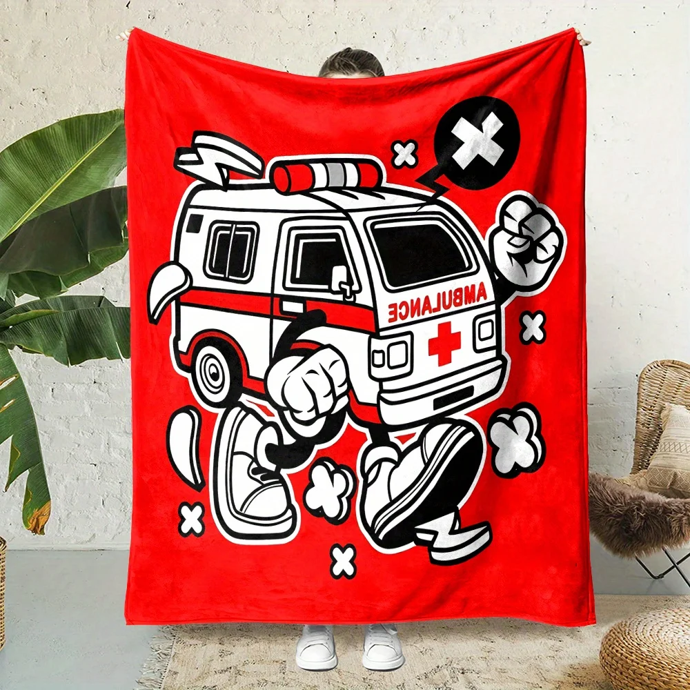Contemporary Style Reversible Flannel Fleece Throw Blanket, Cute Running Ambulance Print, Digital Print