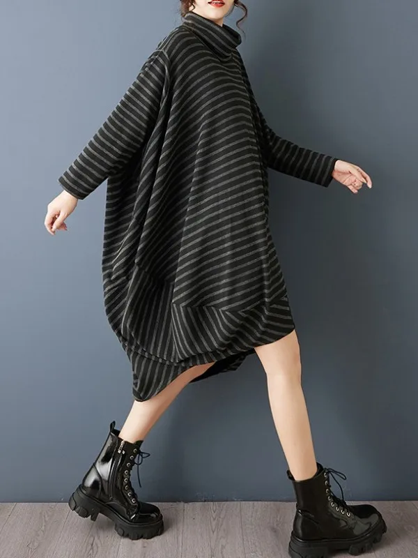 

Faionable Knitted Midi Dr plus Size Women's Long Sve Hoodie Dr Asymmetrical Stripes Loose Waist Polyester Fiber