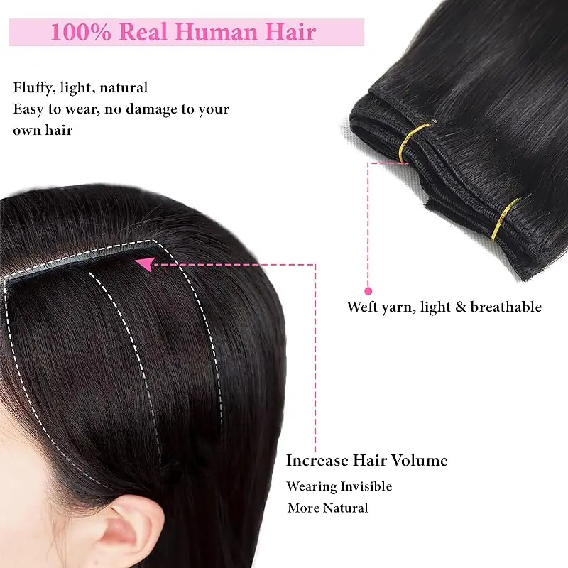 Extensões de cabelo remy para mulheres, extensões de cabelo com grampo, cabelo humano 100% real, trama dupla, # 1B, 8pcs