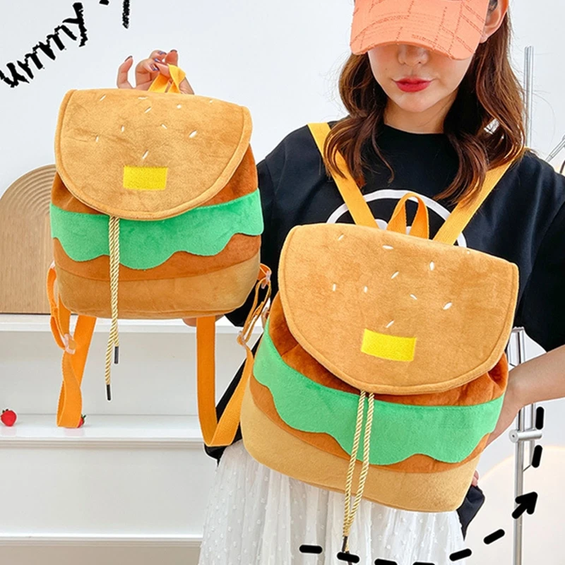 Sacs à dos en peluche de grande capacité pour étudiants, joli sac à dos de voyage, hamburger de dessin animé, sac d\'école à cordon de proximité