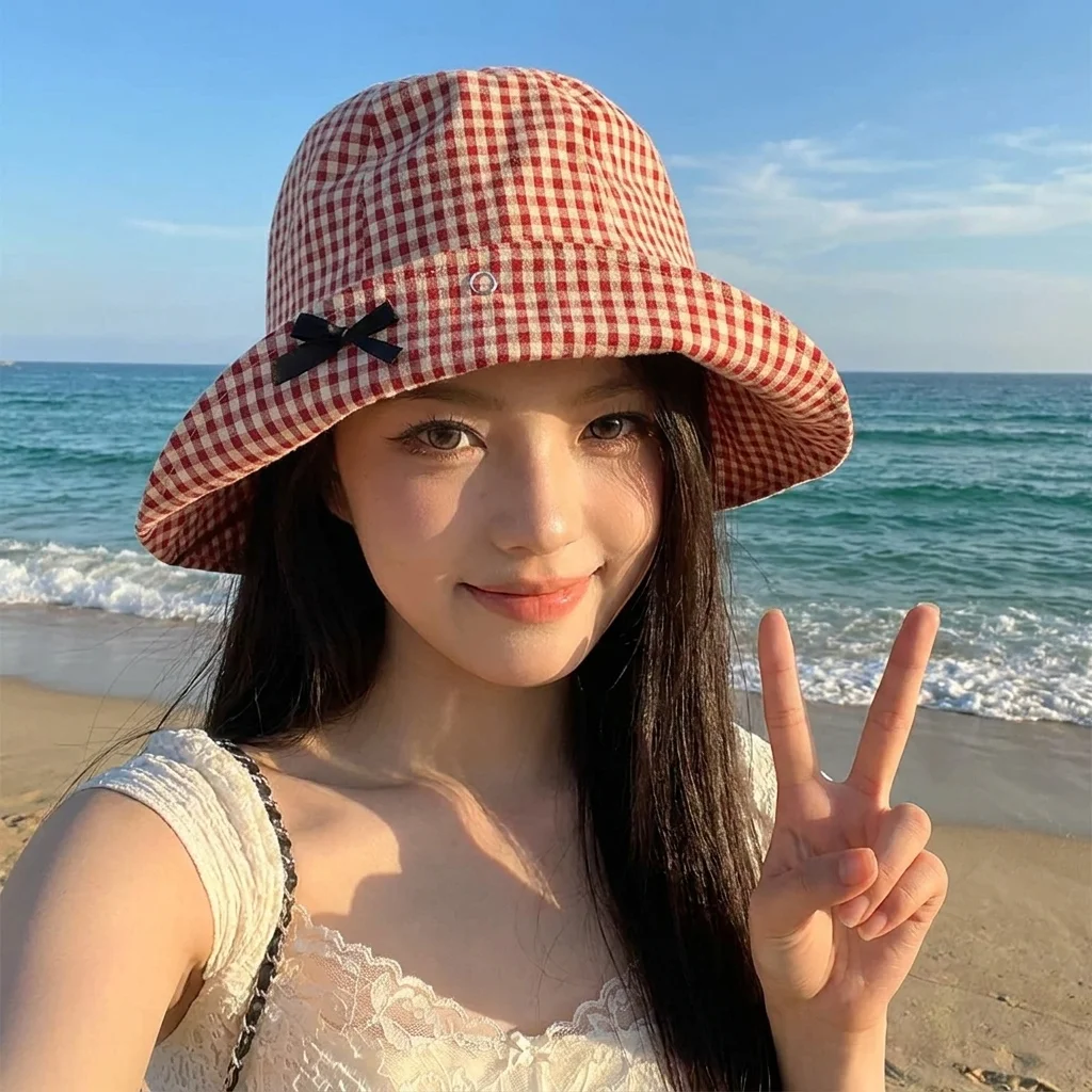 Black Bowknot Plaid Bucket Hat Casual Gingham Check Wide Brim Sun Hats Fashion Summer Season Sun Hats Versatile Daily Use Cap