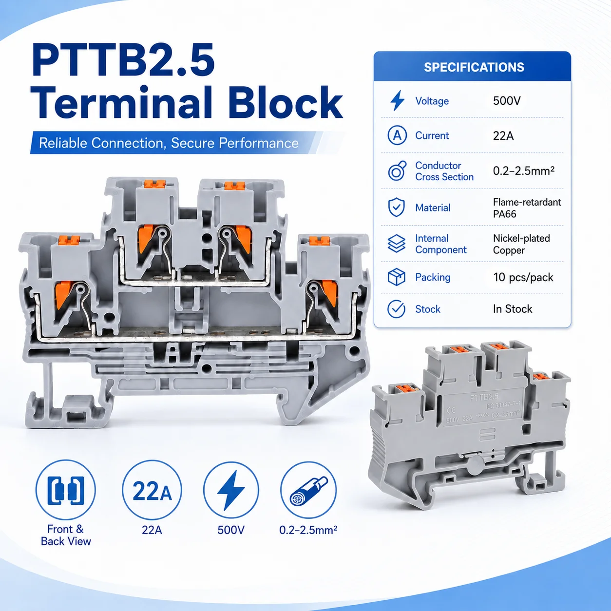 10PCS PTTB2.5 Double-layer Spring Terminal 22A 500V Tool-free Two-tier DIN Rail Push-in Terminal Block Original