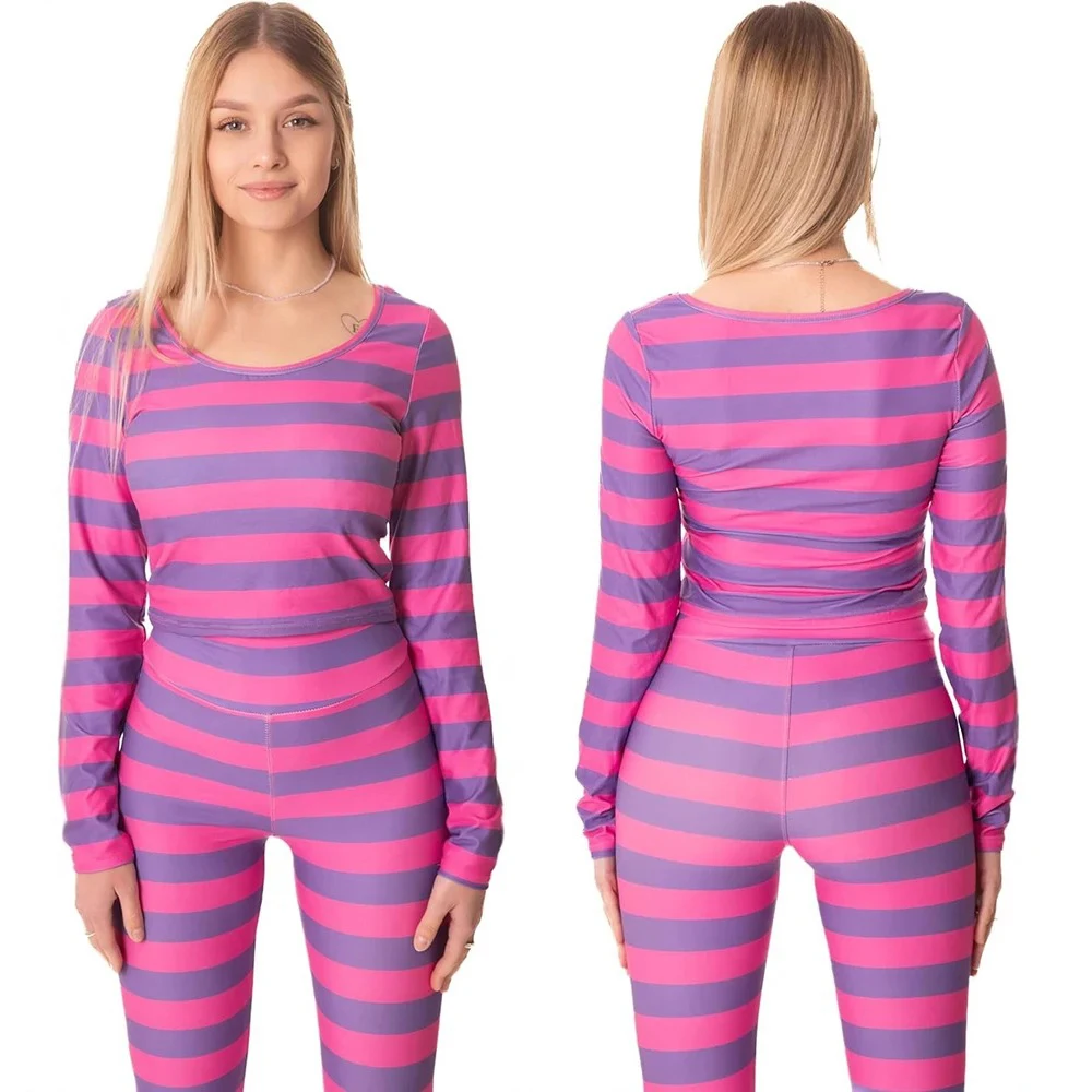 Cheshire Cat Halloween-Kostüme für Damen, rosa, lila, gestreift, langärmlig, Hemd mit Leggings, Party, Cosplay-Outfit, Verkleidungskostüm