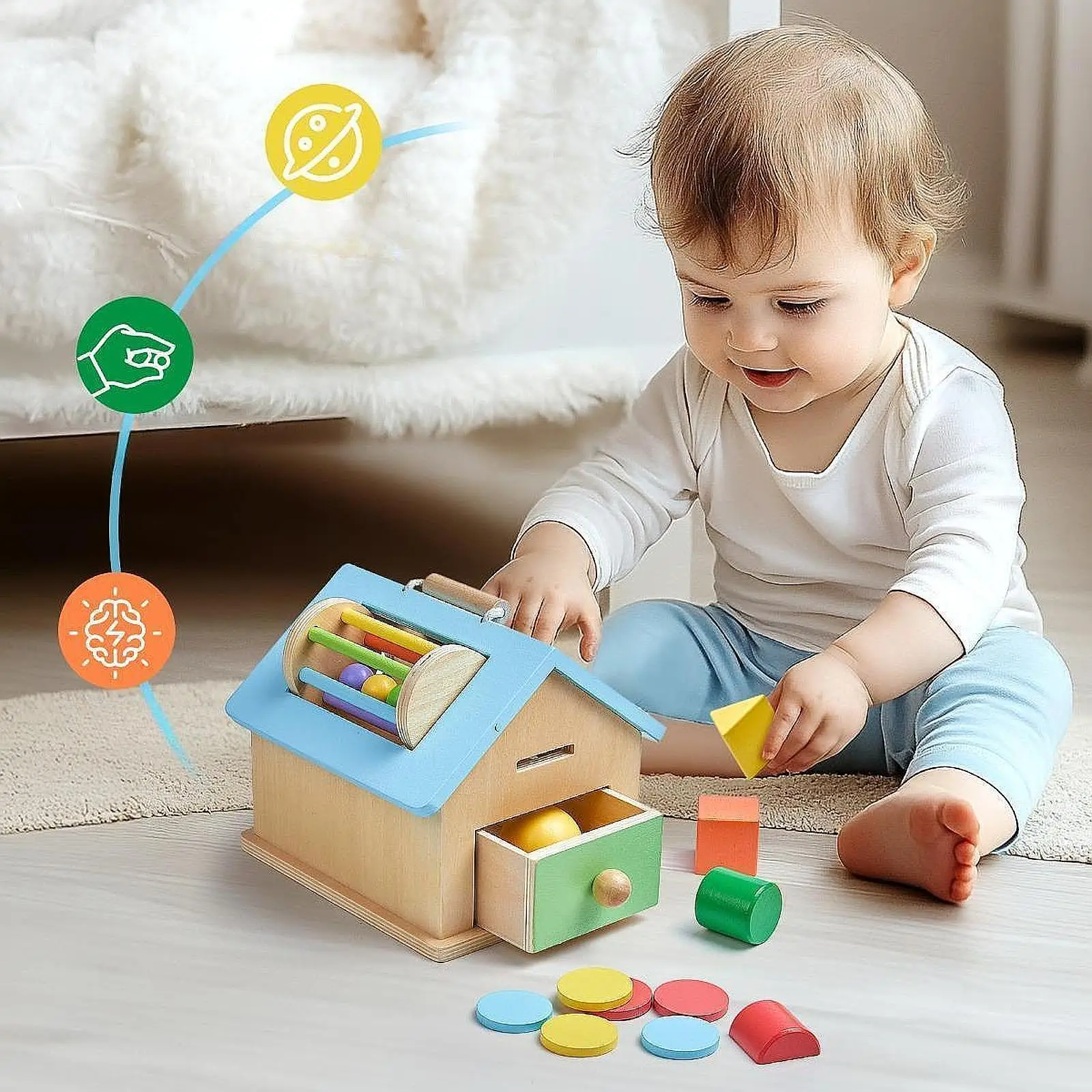 

Wooden Montessori Activity House Activity Board Travel Toy Sensory Board Multifunctional for Babies for 1-3Years Baby Girls Boys