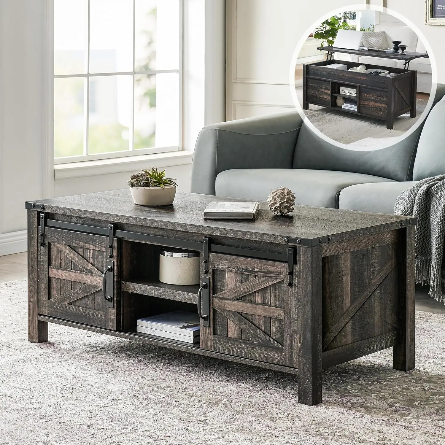 

48 Farmhouse Lift Top Coffee Table with Sliding Barn Door,Rustic Center Table with Hidden Storage Compartment,Lifting Tablet