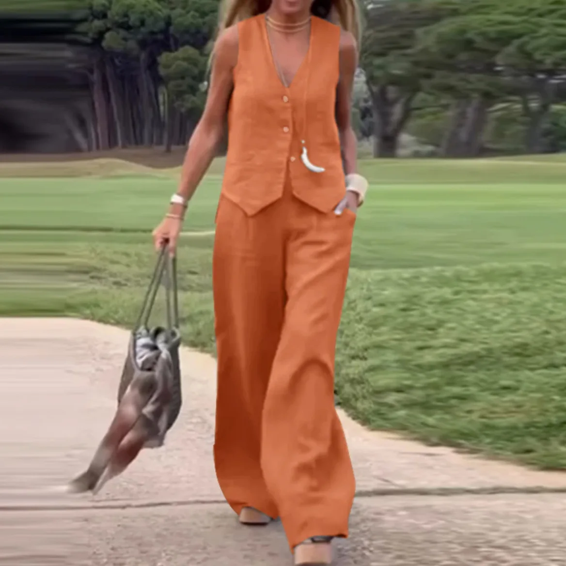 

2025 New Fashion Solid Color Suit Vest Trousers Collage Splicing Casual Two-piece Set Women's European American Women's Clothing