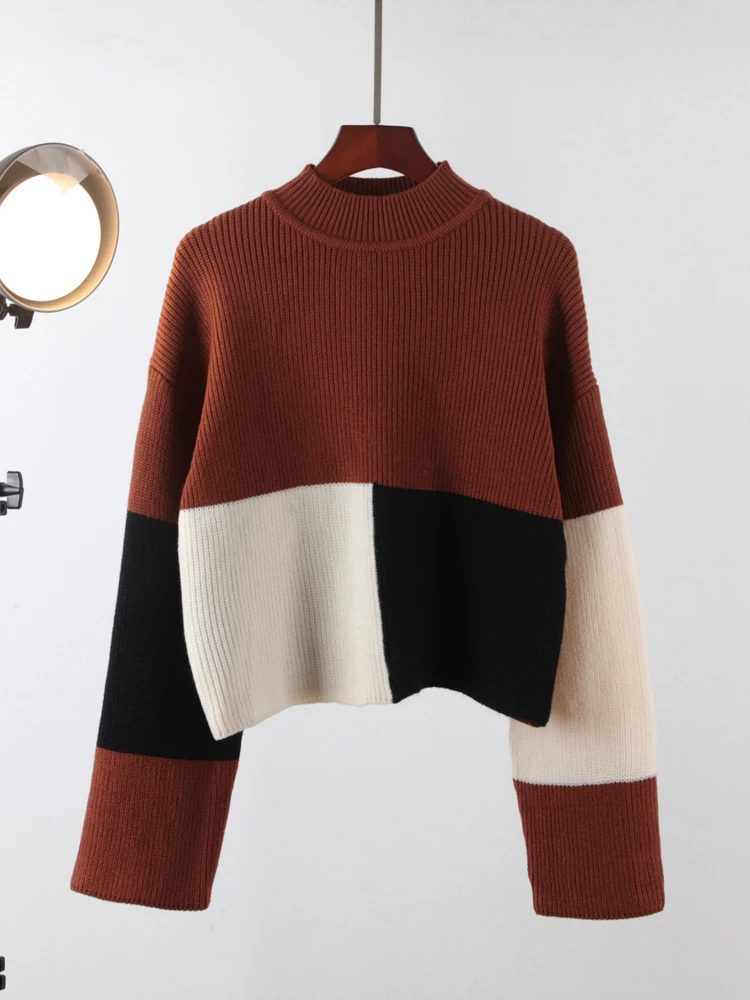 Autumn Winter Female Short Pullover Loose Colours Block Plaid Streetwear Women Knitted Sweater Retro Tops