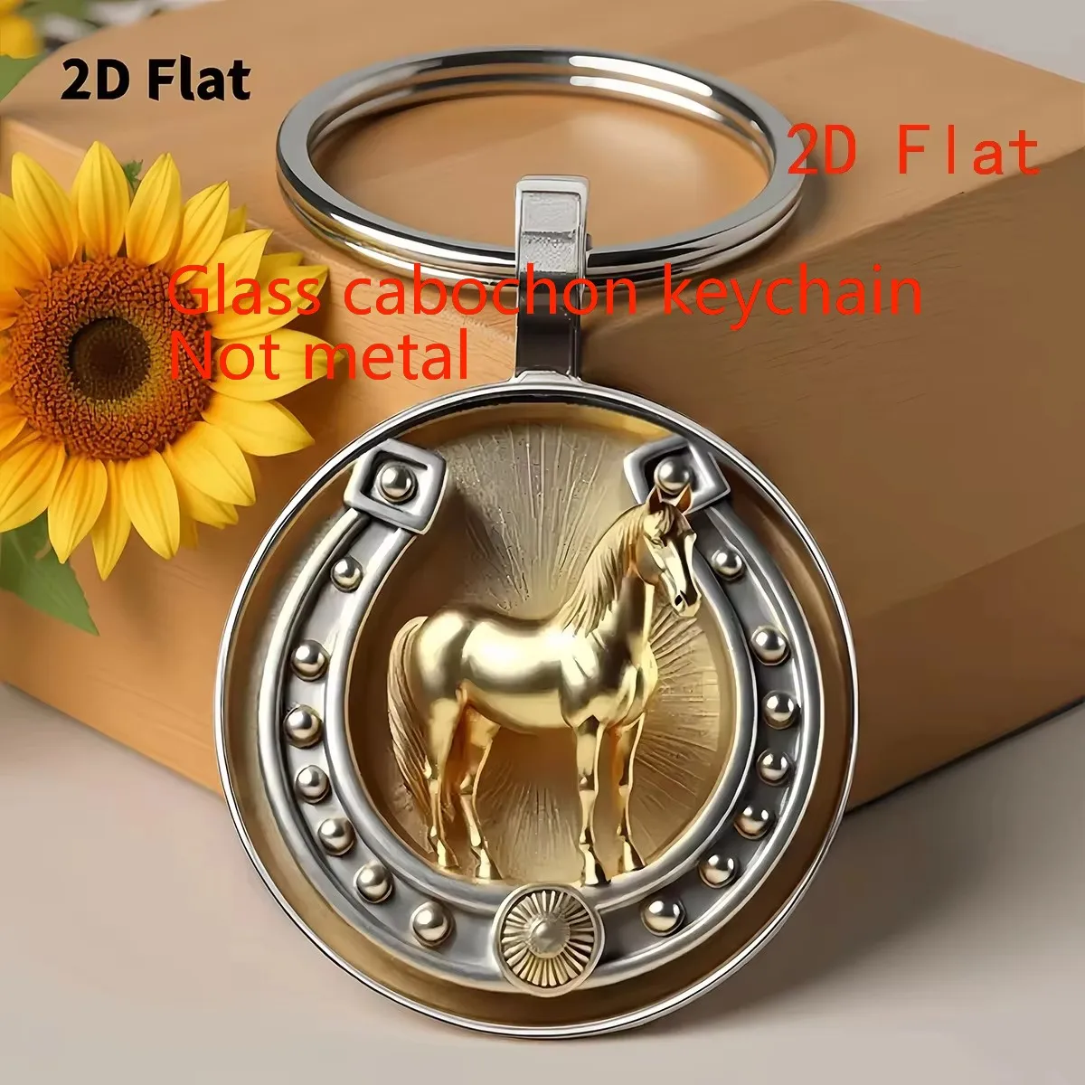 Porte-clés cheval plat 2D. Porte-clés en verre cabochon. Cadeau élégant et durable pour hommes et femmes. Parfait pour les vacances et les amateurs de chevaux