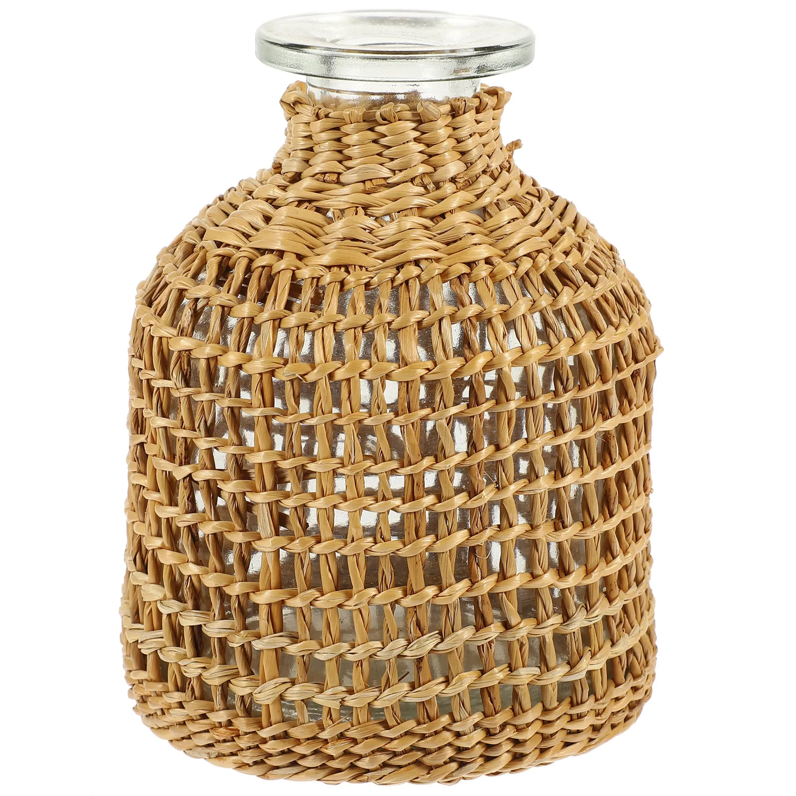 

Woven Rattan Glass Vase Rustic Rope Net Stylish Flower Vase Pastoral Home Decoration Desktop Flower Pot Compact Size