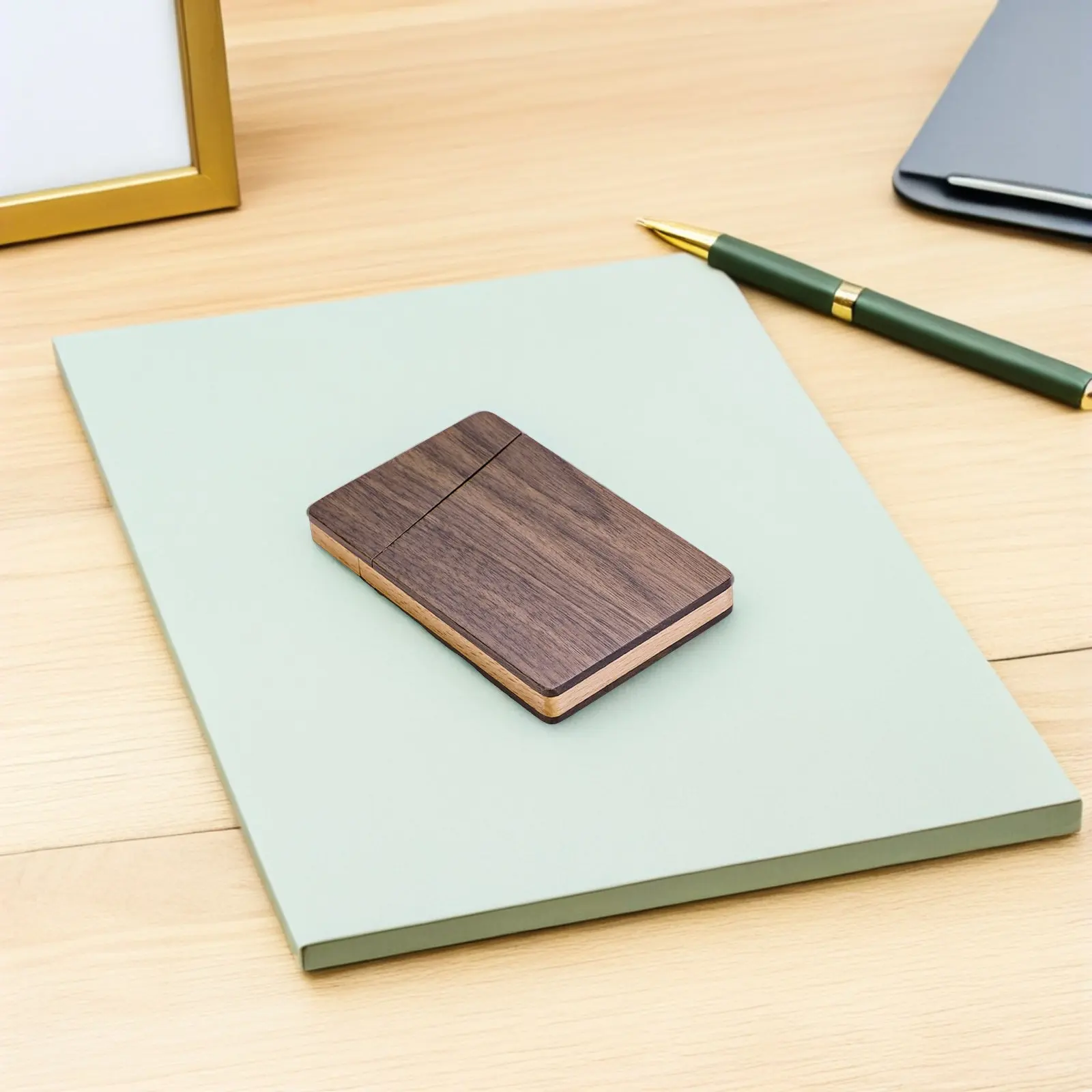 Business Card Holder Wooden Walnut Color Thin Design Large Capacity Wood Business Card Case Office Accessories