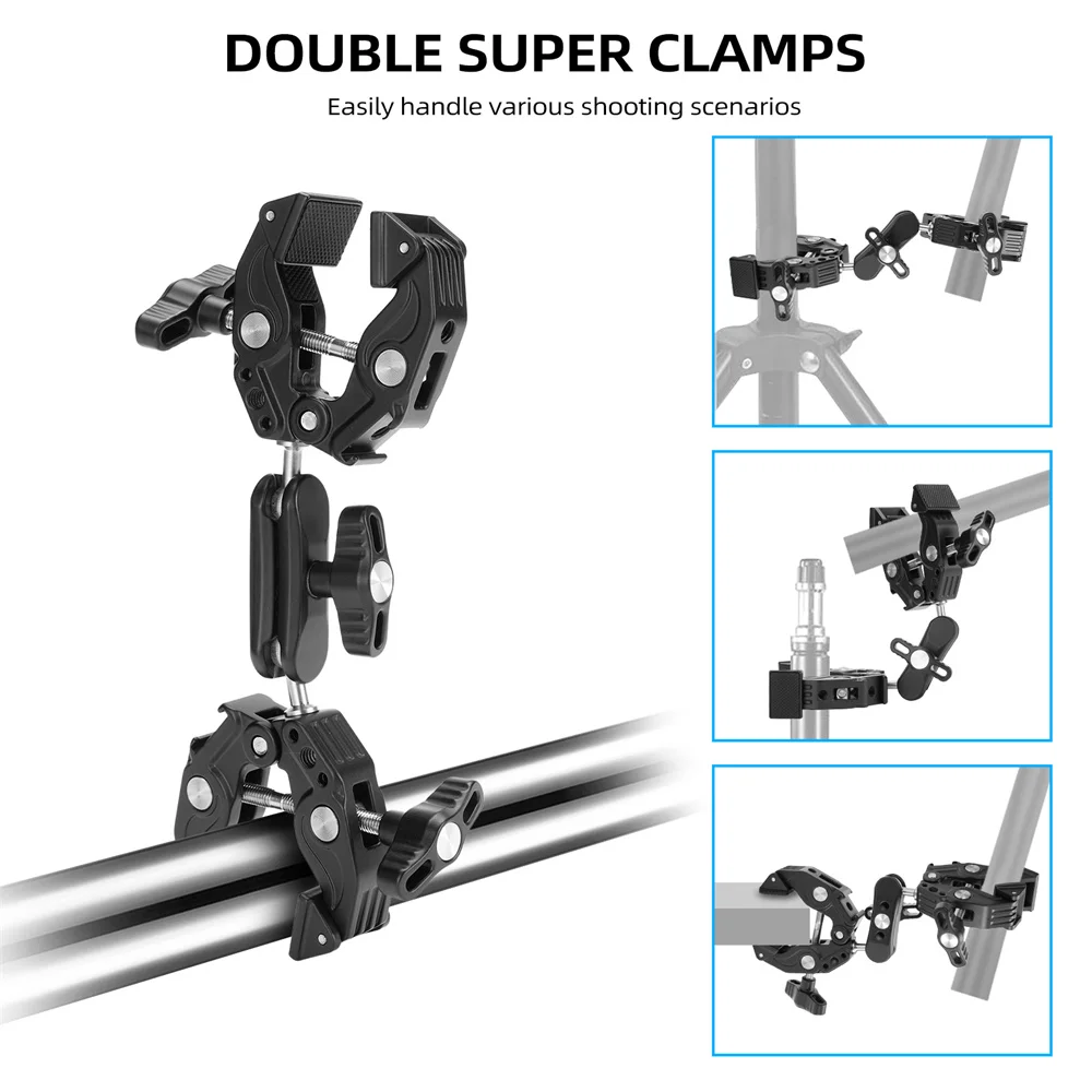 2024 New Aluminum Double Super Clamp Magic Arm Clip with Cold shoe 360 Dual-Head Super Clamp for Umbrella Monitor LED Light