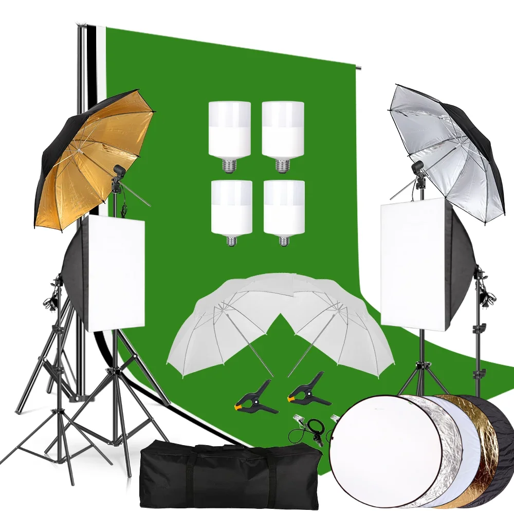 

Photography Stand Kit 2.6x3M Photo Background 3 Colors Backdrops 83cm Umbrella Softbox 2M Tripod Portable Photo Studio Backdrop