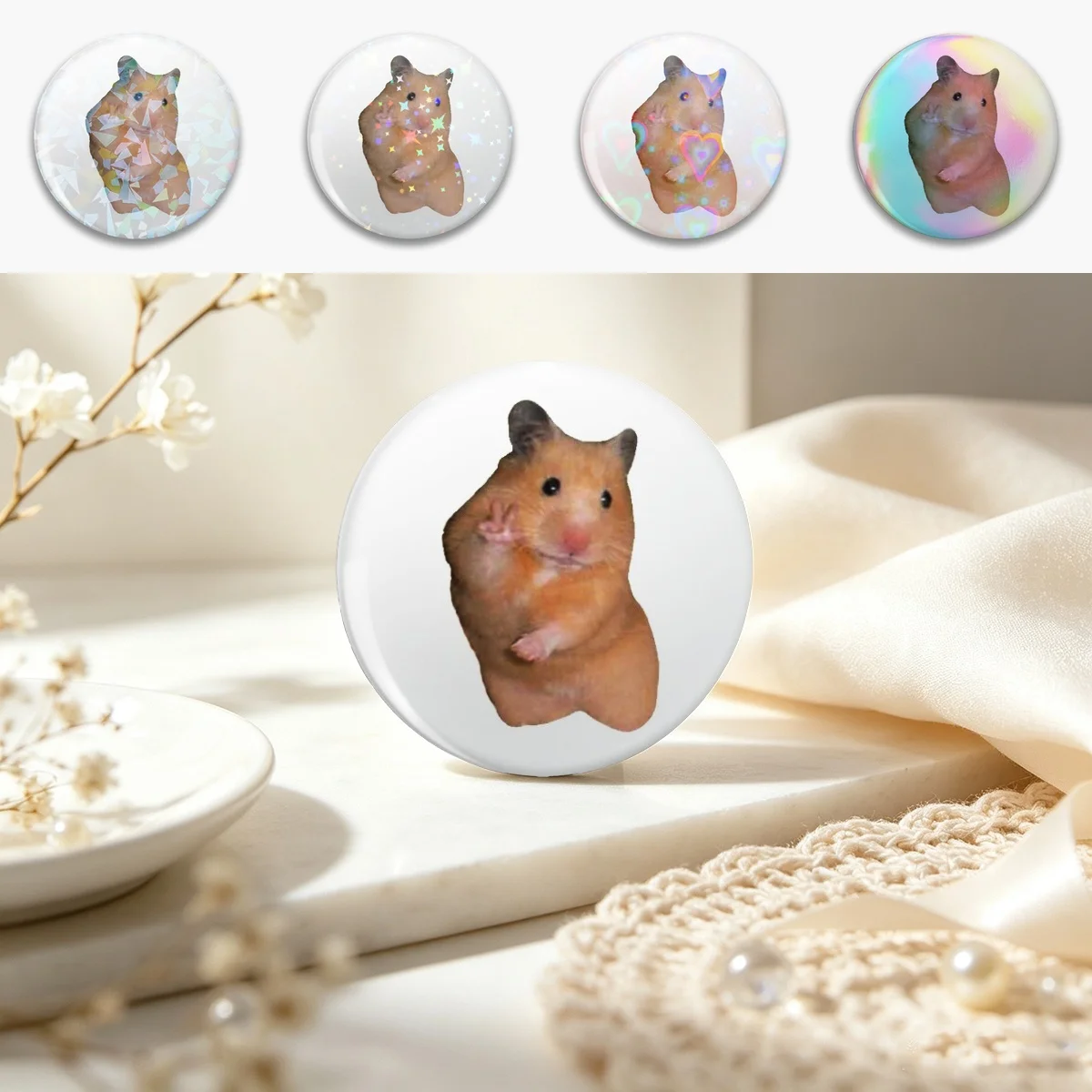 Hamster Meme With Peace Sign Pin Holographic Star Heart Pin Brooches Laminated Button Fashion Accessory