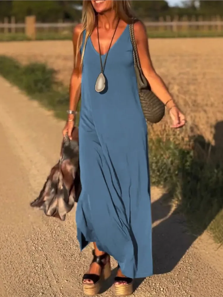 

Summer Women's Trendy V-neck Camisole Dresses Women Fashionable Solid Color Sleeveless Elegant Loose Fit Vestidos Para Mujer