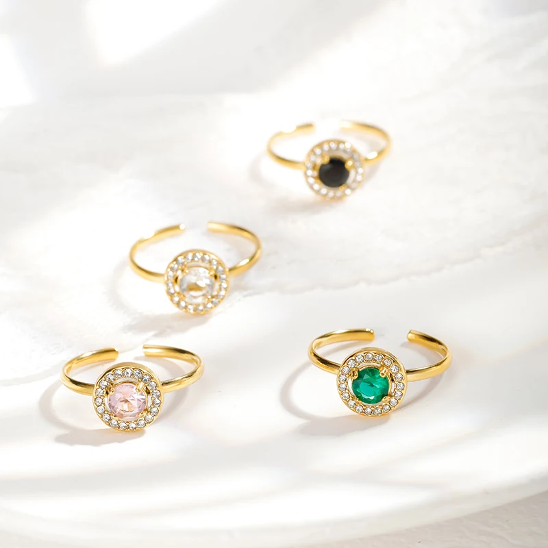 PAXA مقاوم للماء الملونة المفتوحة قابل للتعديل جولة زركون الفولاذ المقاوم للصدأ خواتم للنساء موضة أنيقة مجوهرات حفلة هدية