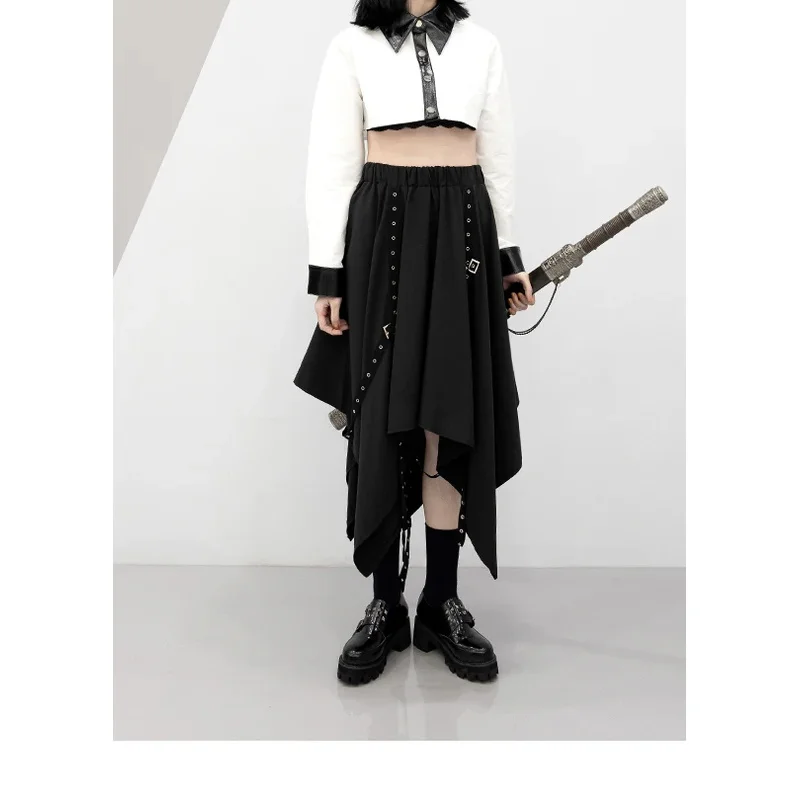 Irregular Skirt Girl's New Dark Tie Street Punk Wind Weave Buckle Medium-length Y2k Gothic Long Skirt