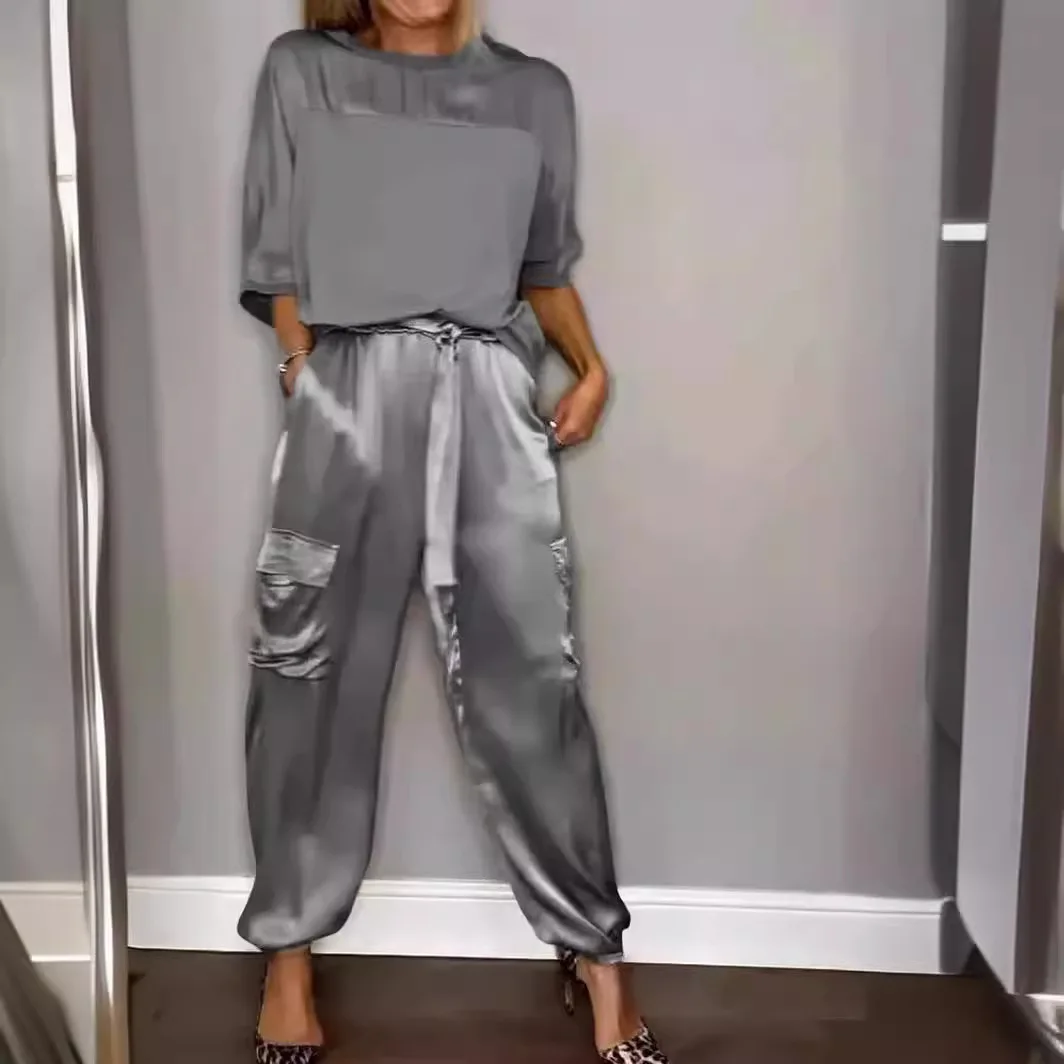 Women Spring Summer Fashion Solid Color Satin Two Piece Set New O Neck Long Sleeve Top Long Pants Casual Loose Two Piece Set