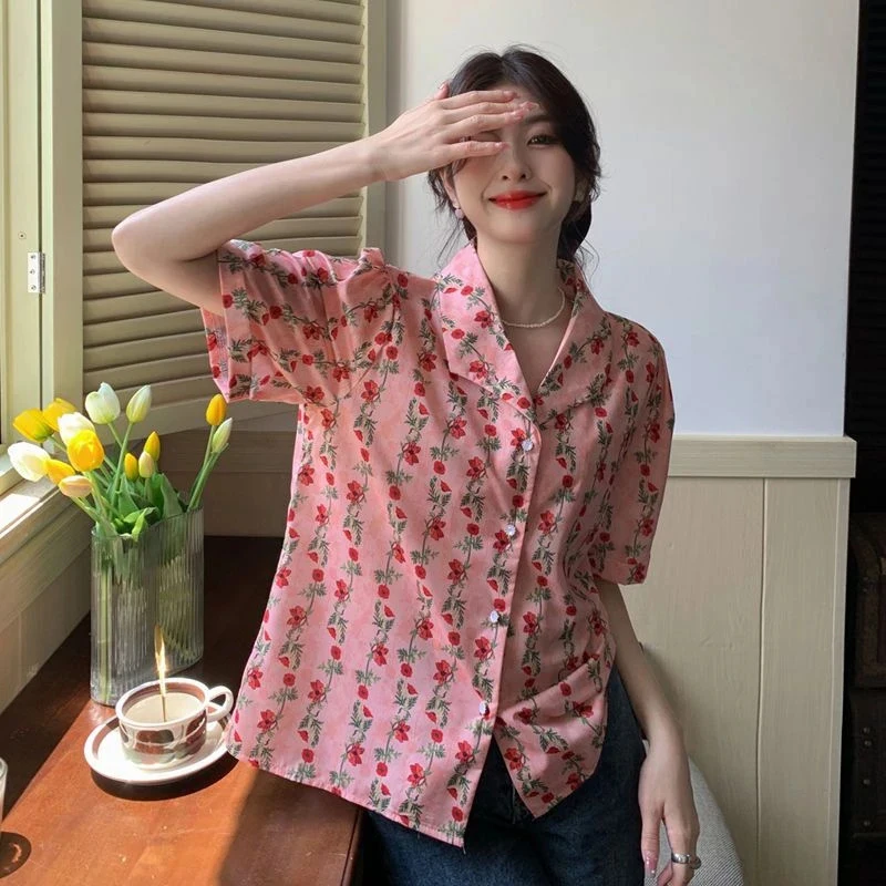 Vintage Shirts Women Sweet Elegant Floral Print Blouses Summer Retro Streetwear Harajuku Korean Loose Casual Cardigan Tops New