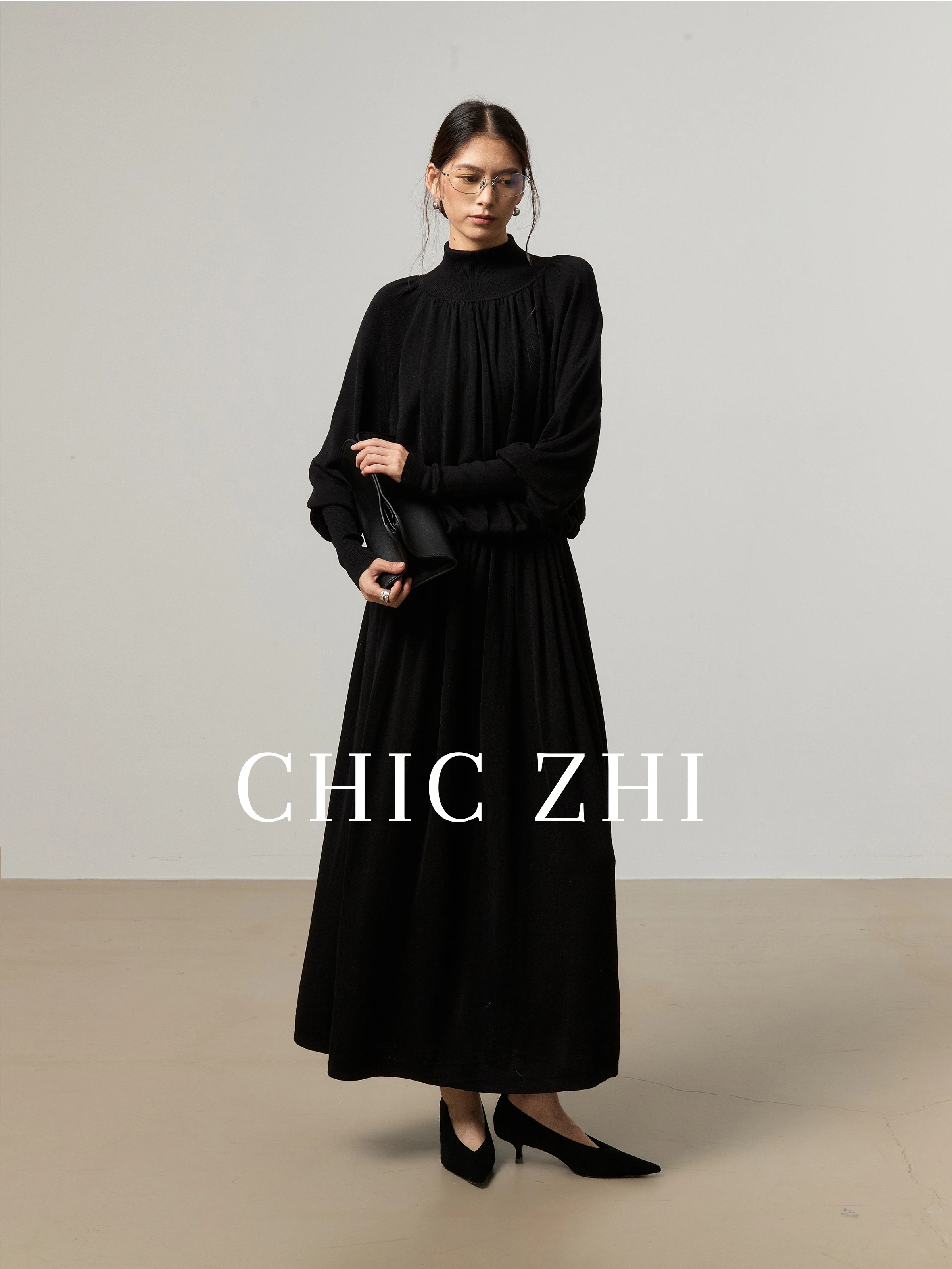 Elegant Pure  Two-Piece Set Women's Semi-High Collar Gathered Lantern Sleeve Top High-Waisted Skirt Minimalist Style