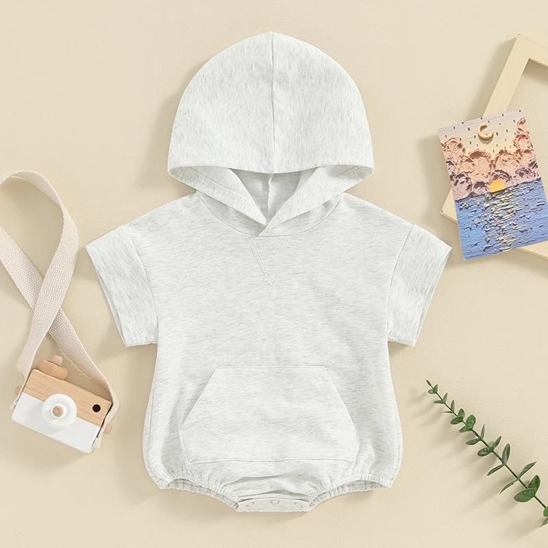 2023-12-18 Lioraitiin Newborn Baby Boy Girl Solid Color Hooded Bodysuit Oversized Short Sleeve Bubble Jumpsuit Summer Clothes