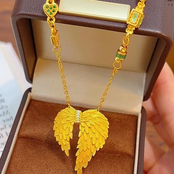 

Женское ожерелье из 24-каратного золота (AU999) с инкрустацией бриллиантами и крыльями ангела | Граненые крылья, филигранная рамка из перьев с акцентами из розового кварца