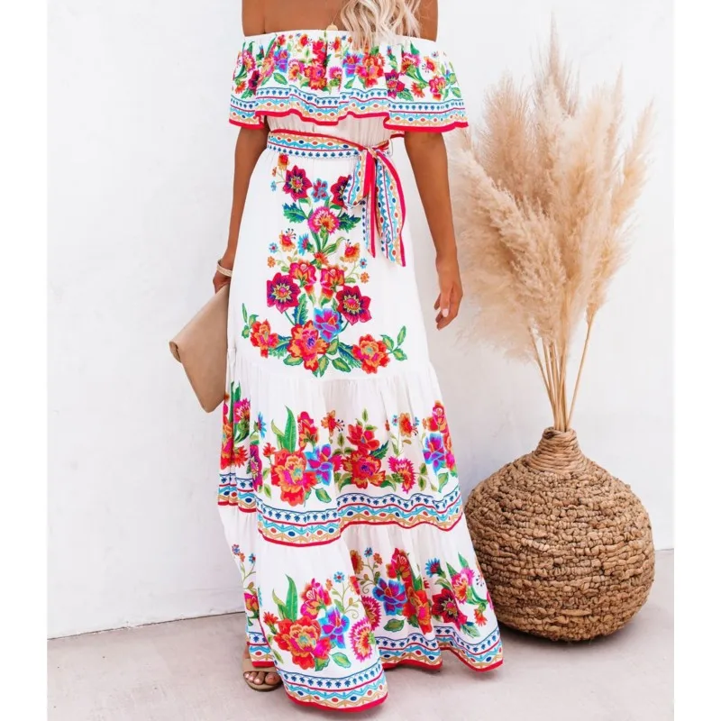 

2024 Spring/Summer New Women Retro Fashion One Shoulder Red Flower Printed Waist Collection Long Style Large Swing Casual Dress