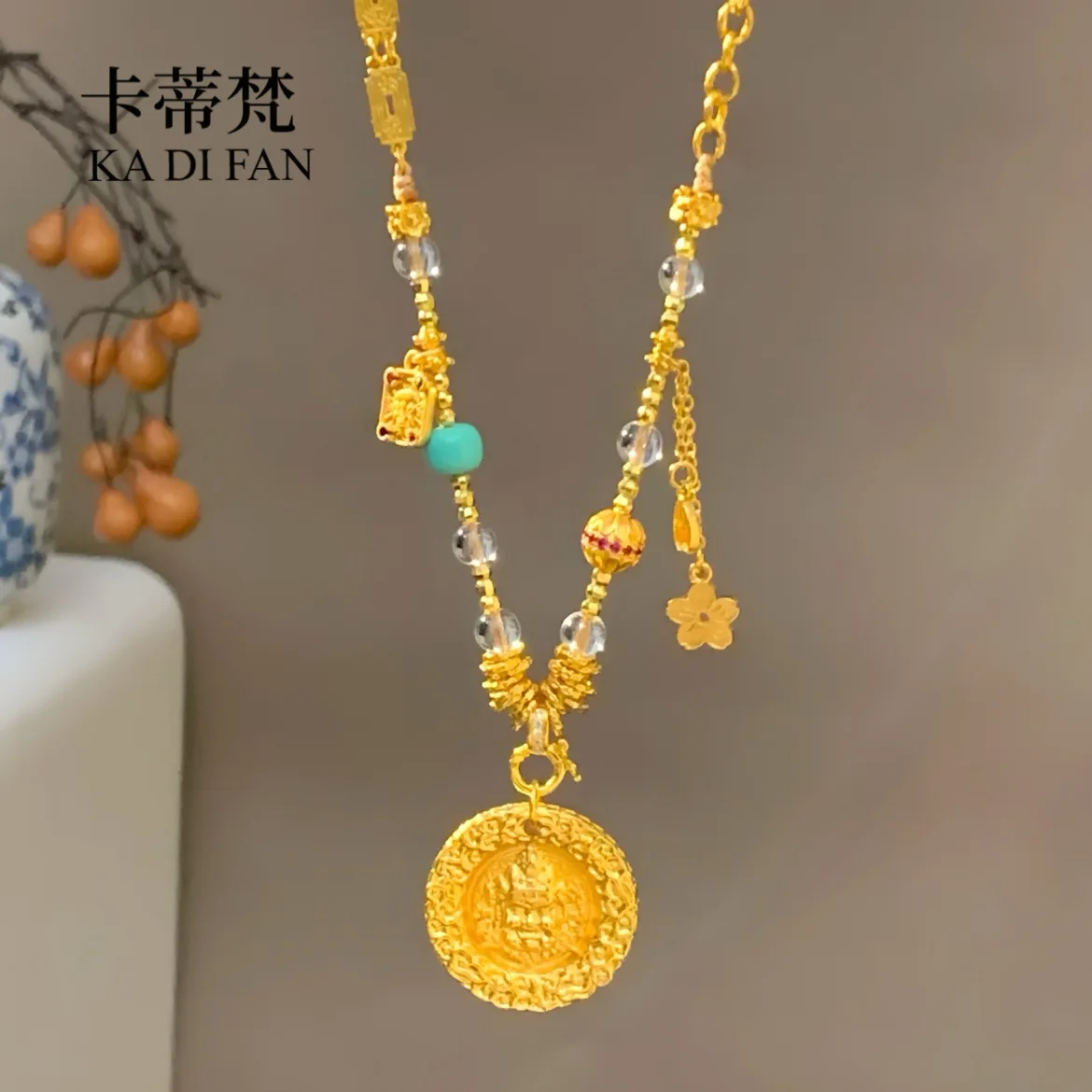 

9999 24K real gold ancient method yellow treasure god round brand beaded necklace Chinese style original design sweater chain