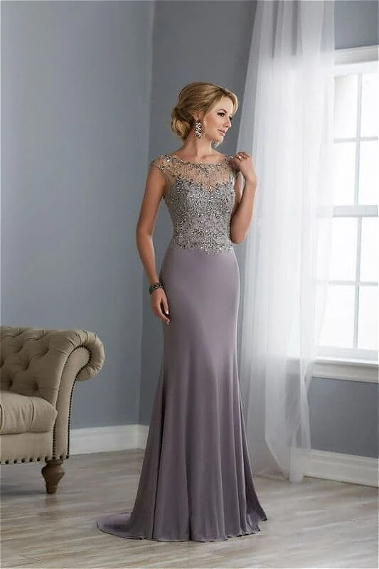 Customized Mermaid Mother of the Bride Dress Illusion Cap Neck Rhinestone Beaded Stretch Chiffon Formal Wedding Guest Gown