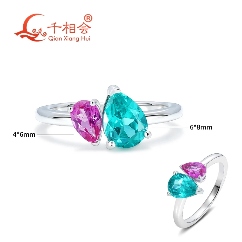 

two pear stone pink lab grown sapphire stone with Paraiba color YAG Ring Silver 925 Wedding Engagement Ring Women gift