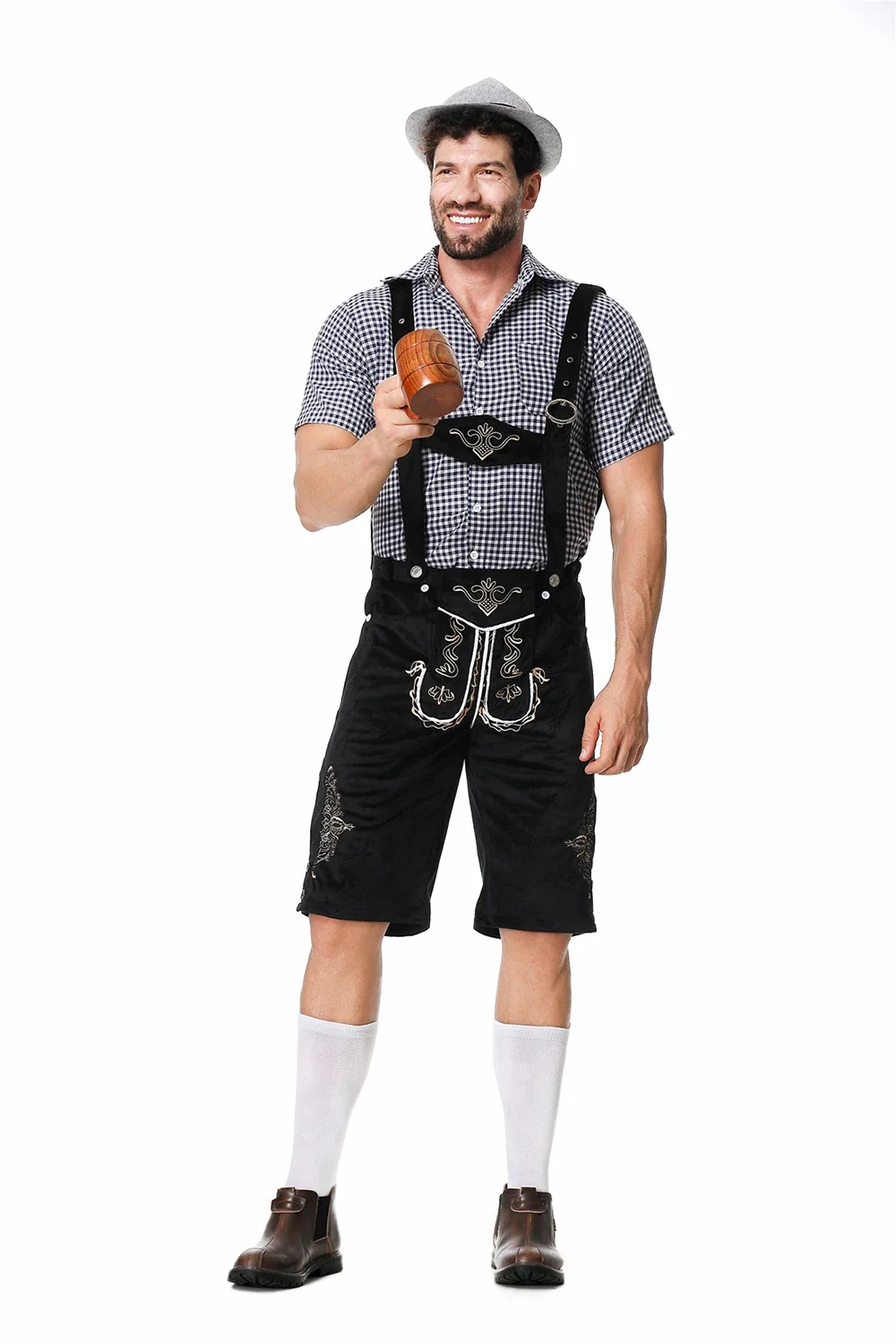 Bavarian Bavarian Oktoberfest Costume Hat and Plaid Shirt and Suspenders Lederhosen Oktoberfest Costume for Mens 3pcs Set