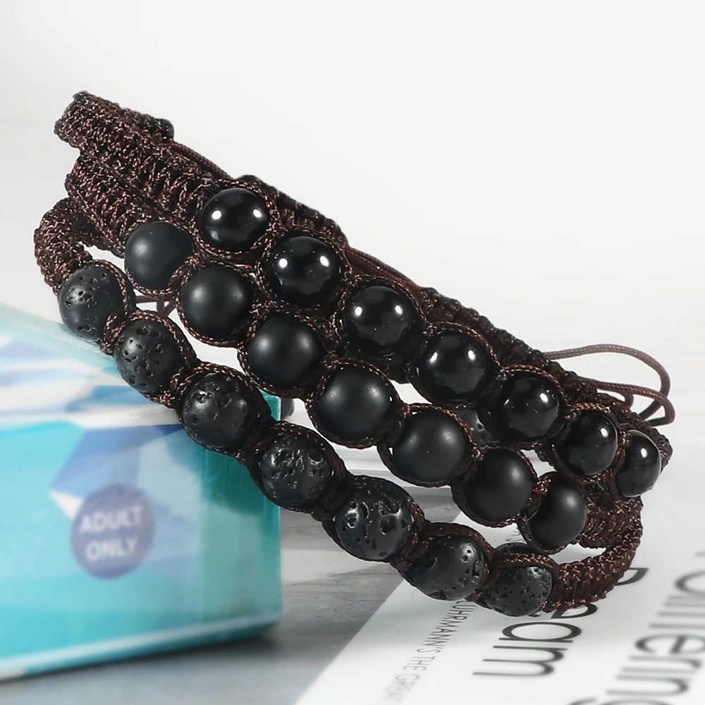 Prayer Men Black Rope Bracelets Natural Black Onyx Volcanic Stone Bracelet Adjustable Balance Bangle Women Handmade Jewelry Gift
