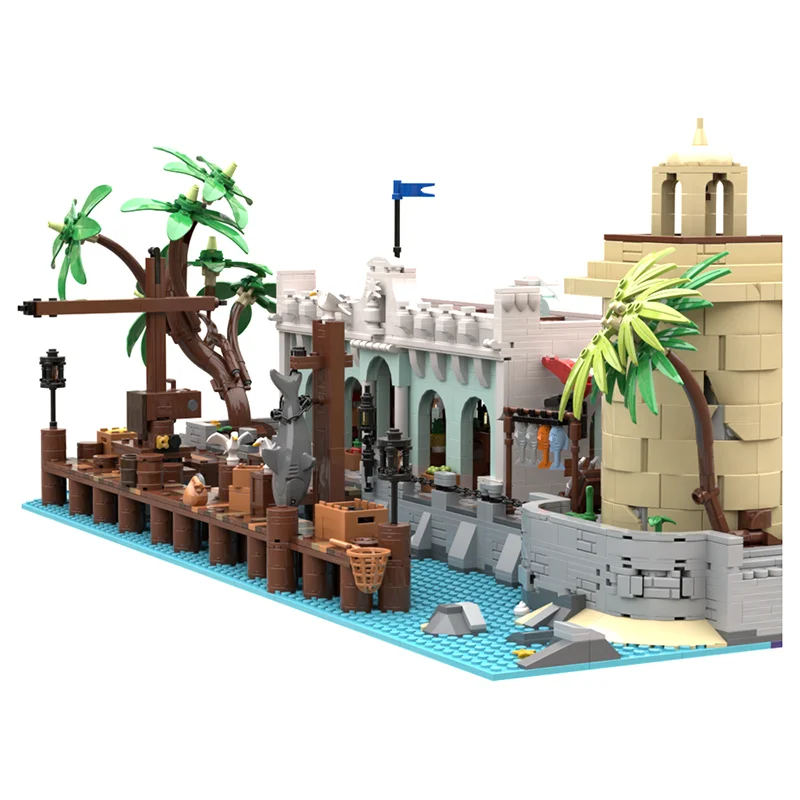 Klocki konstrukcyjne Moc, model Marketu na Brzegu Morza, technologia, modułowy model pirackiej fortecy, zabawka z klocków, montaż DIY, prezenty świąteczne