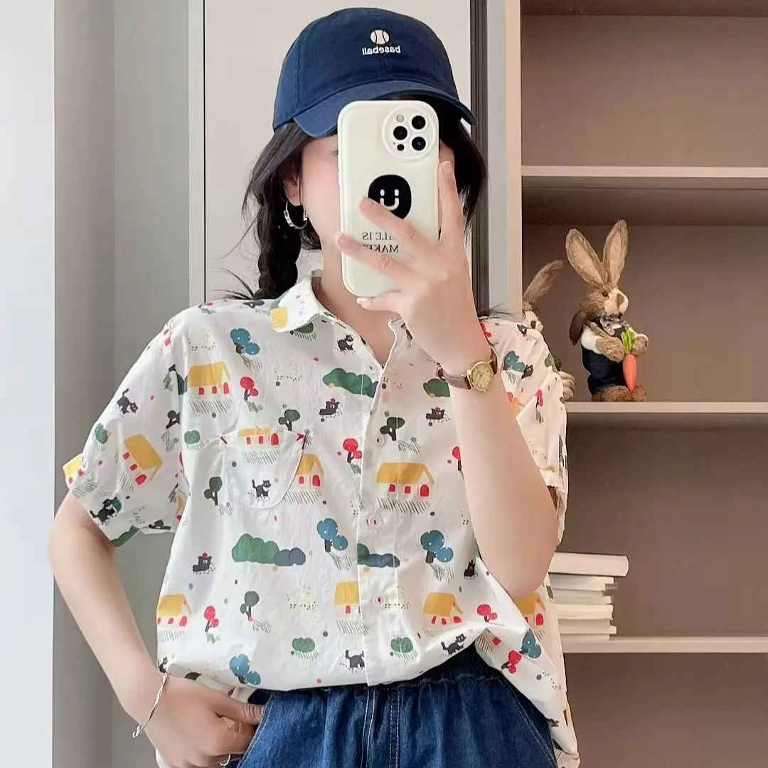 Harajuku fashion white green navy blue cartoon print shirts and blouses for women summer Japan style kawaii oversized shirts