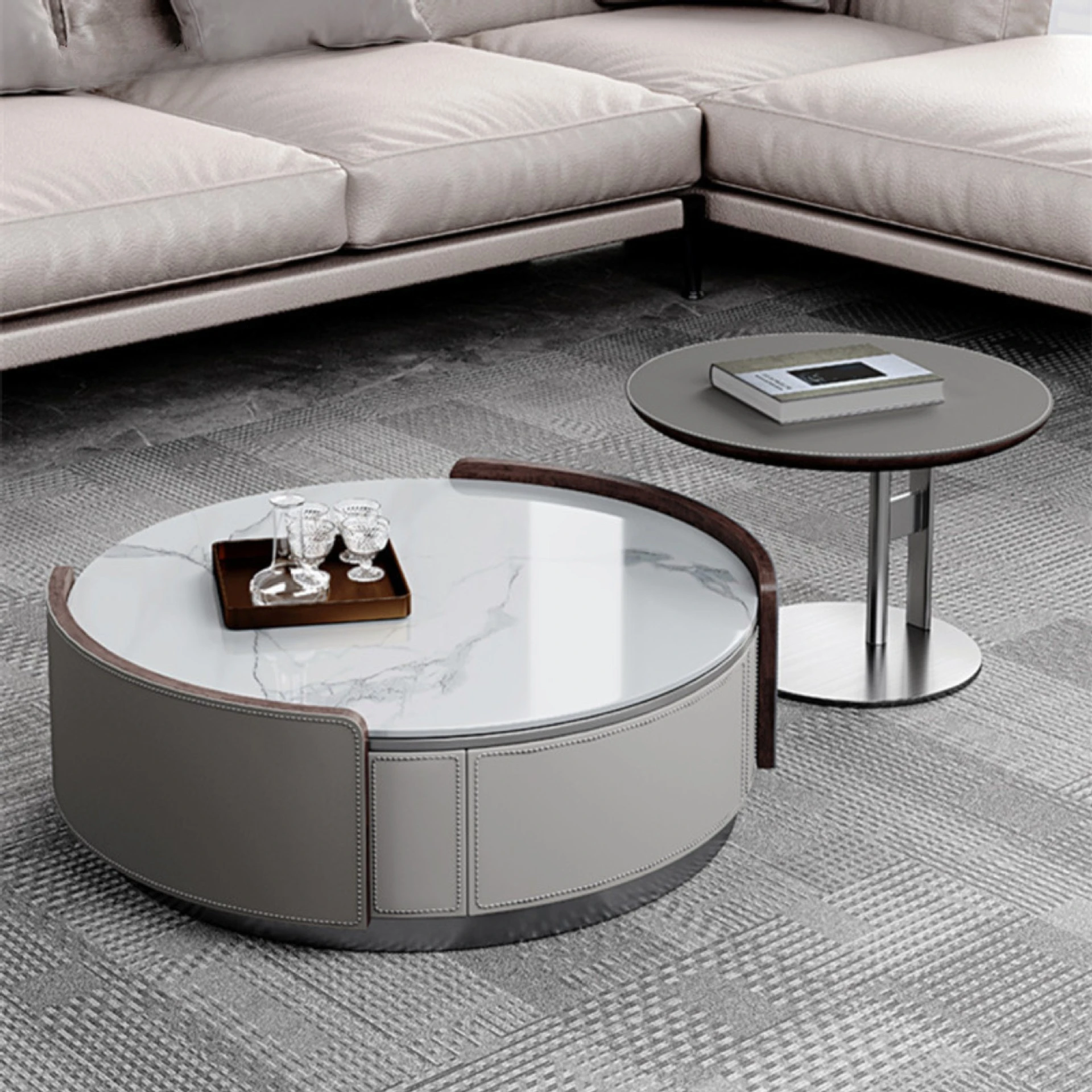 

Saddle leather slate round coffee table size round coffee table combination minimalist TV cabinet