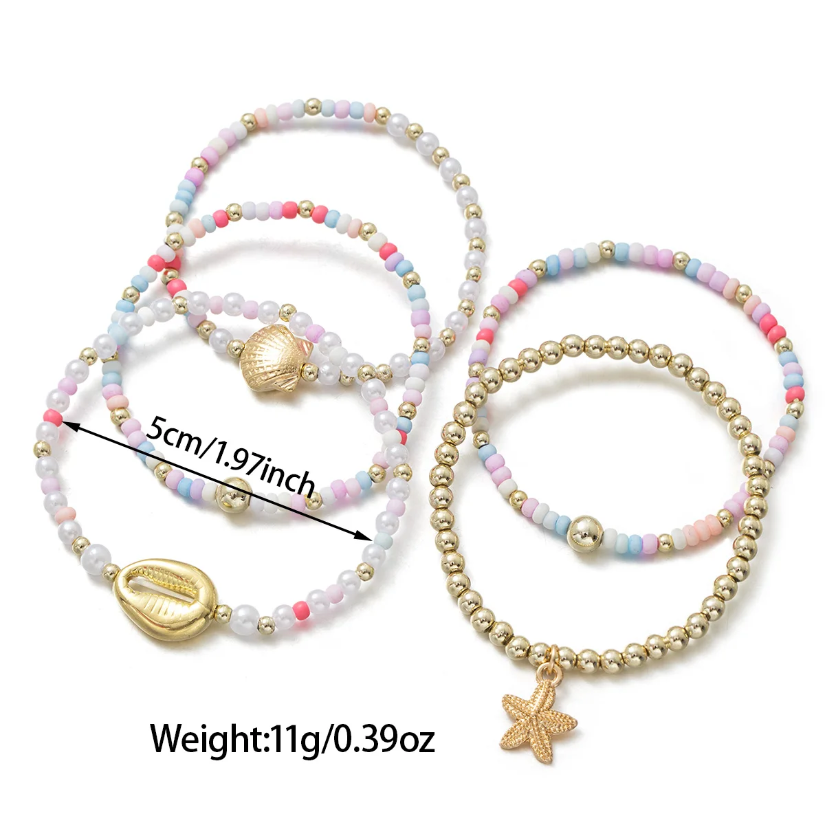 Summer Ocean Style Stackable Bracelet Set, Gold Bead Shell Starfish Pendant, Macaron Beaded Stretch Bracelet