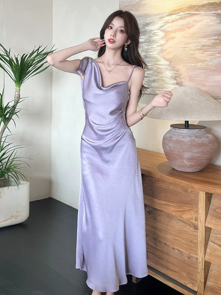 Summer Slim Fit Svel Satin Dr Women's High Waist Fi Tail Gown Design Sense Strap Dr French Sle A-Line Skirt