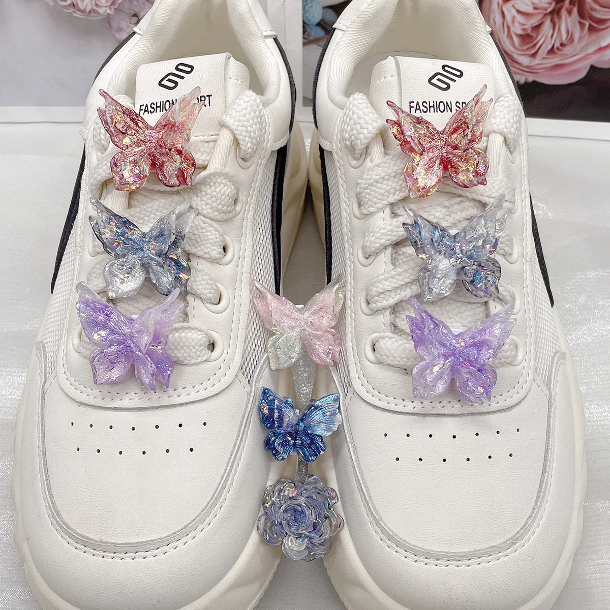 2PCS Resin Butterfly Shoe Laces Charms DIY Accessories Bling Flower Shoelaces Buckles Decorations Removable Shoe Clips Ornaments