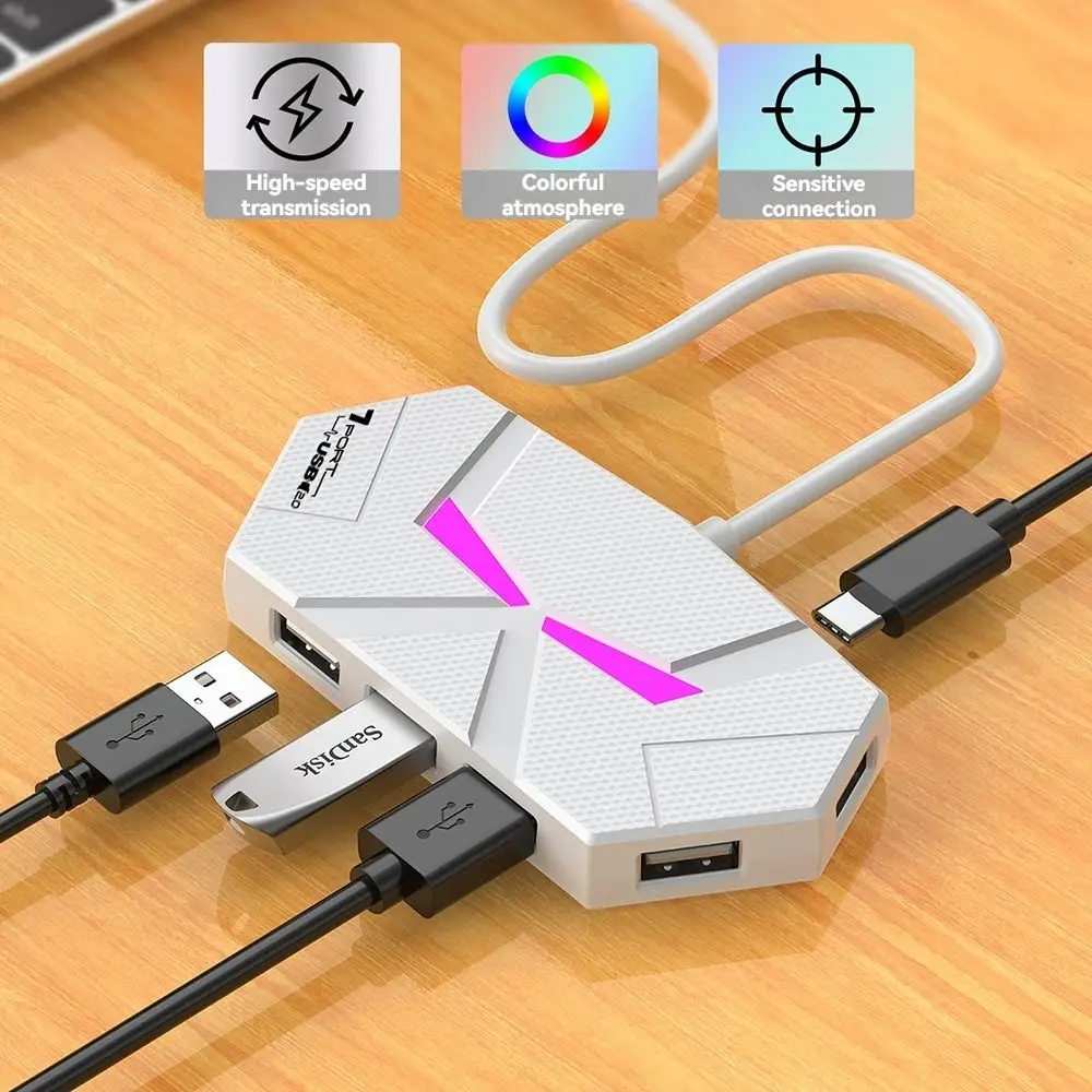 4/7 Ports USB Docking Station Type C Colorful Light USB Splitter Adapter PD Power Supply High Speed Transmission