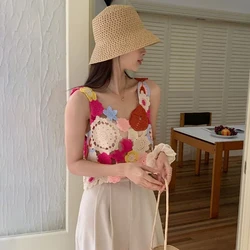 Women Colorful Flower Unique Crochet Knit Tank Top Sexy Hollow Out Loose Sleeveless Crop Top Summer BOHO Camisole