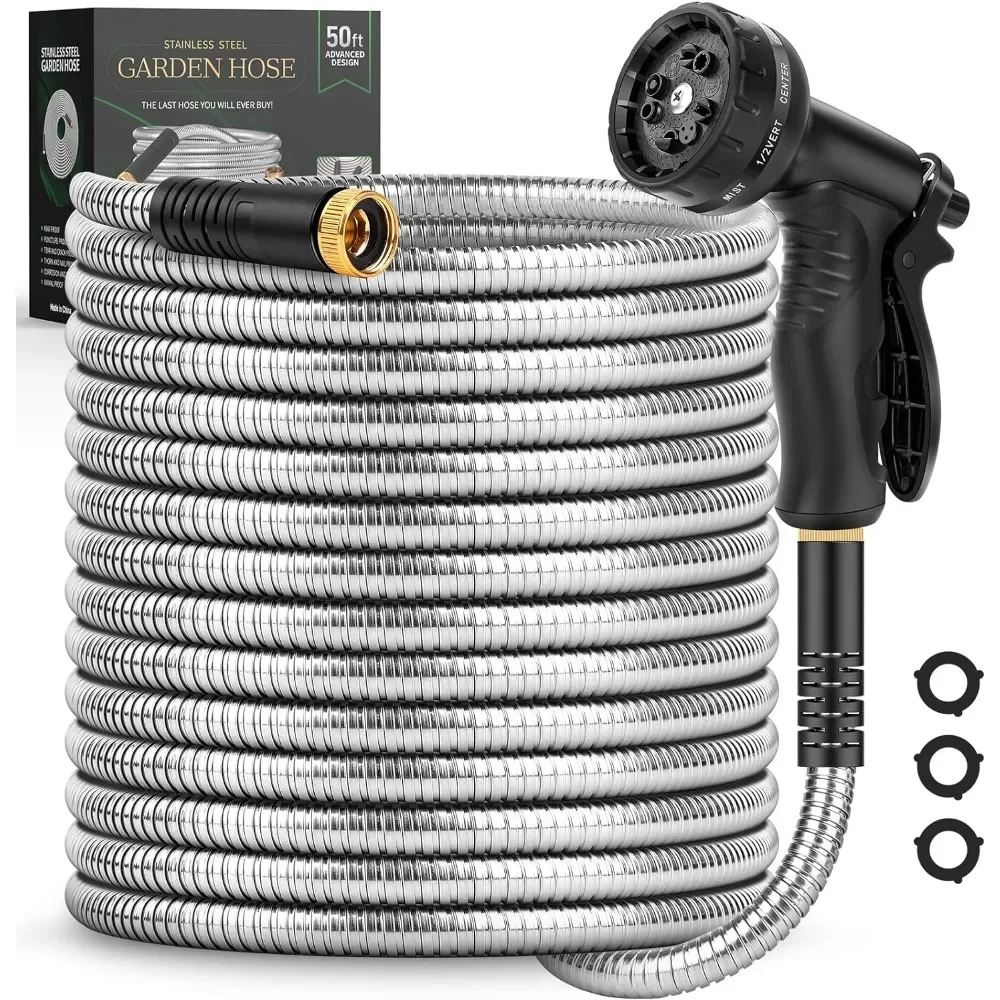 

Garden Hose 50 FT, Metal Stainless Steel Water Hose with 10 Function Nozzles, No Kinks, Flexible Hose, Lightweight