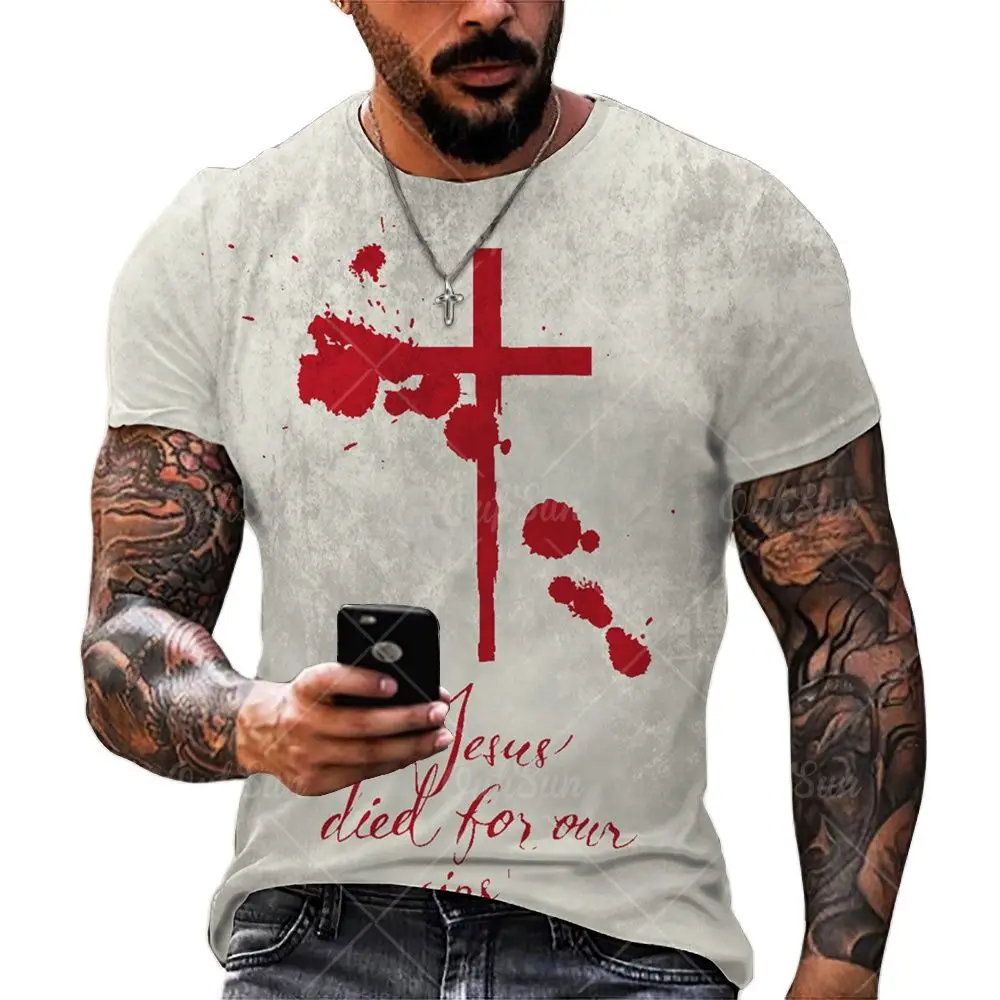 T-shirts For Men Cross Graphic Jesus Christ 3d Print Men\'s Tshirt Retro Classic Short-sleeved Loose Personality Oversized Tops