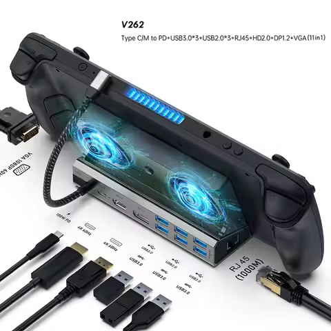 Docking Station with Fan For Asus ROG Ally HDMI-Compatible 4k@60hz Gigabit Ethernet 1000Mbps USB-C PD3.0 Charging for Steam Deck