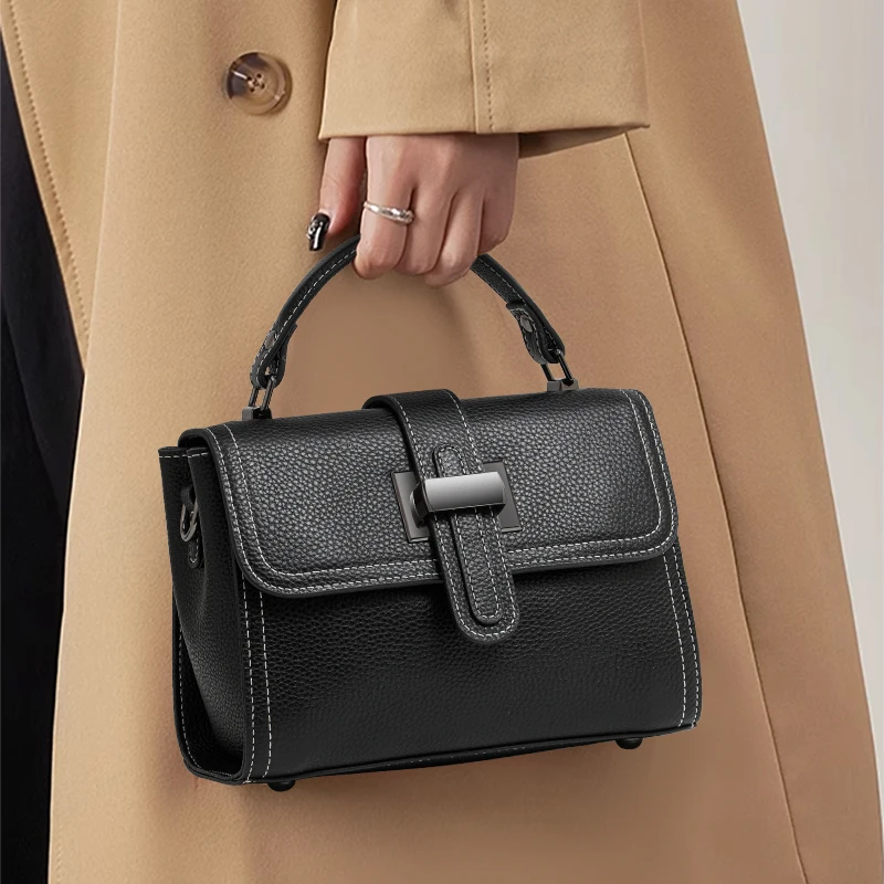 

Aidrani 2025 Commuter Litchi Grain High-end Small Shoulder Bag Leather Women's Shoulder Handbag Buckle Black Small Square Bag