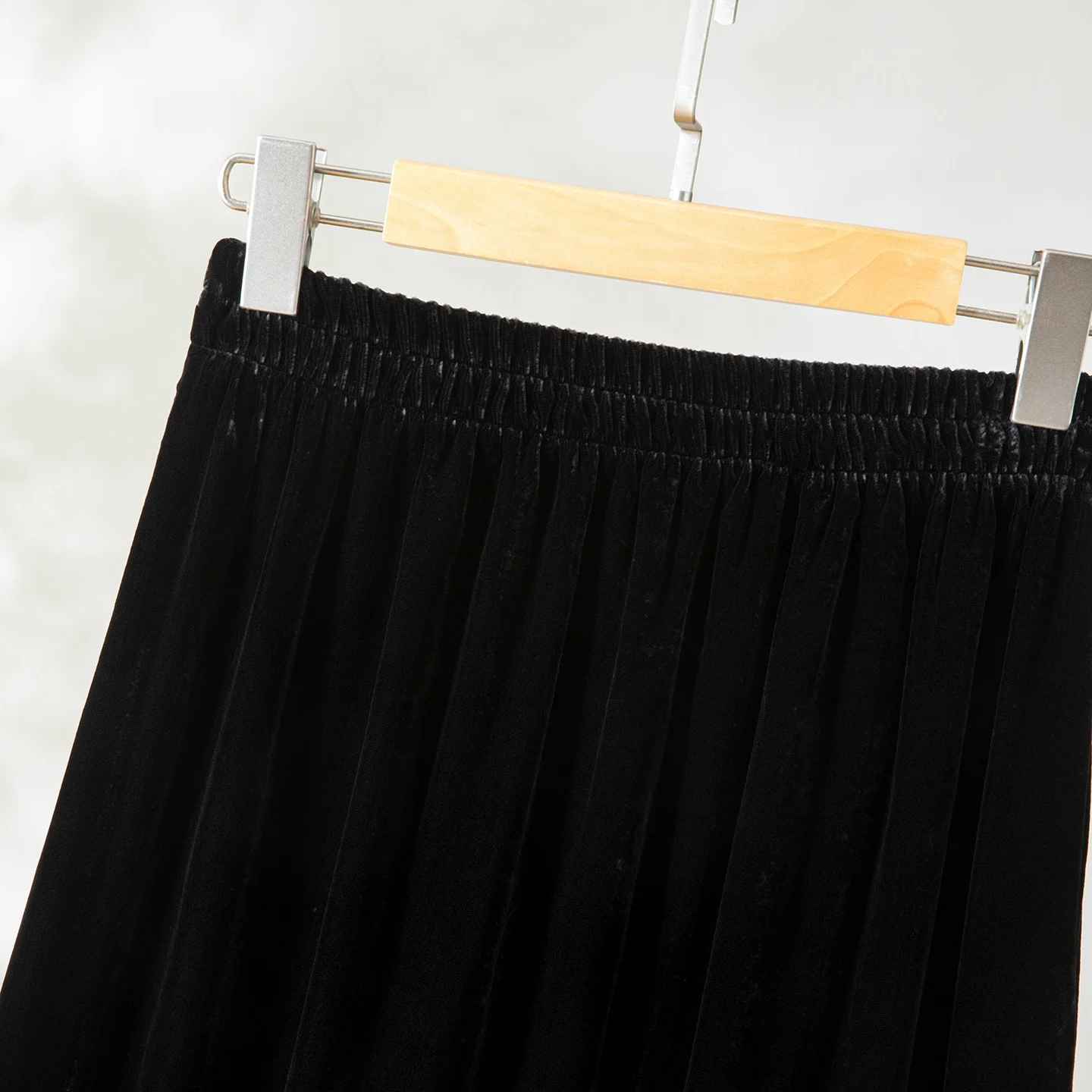 女性のファッション春/秋の新しいエレガントな多用途ブラック 30% 天然桑シルクベルベットデザイン弾性ウエスト A ラインスカート