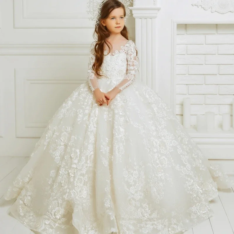 

Luxurious White Long Sleeve Flower Girl Dresses For Wedding Prom Party Girls Pageant Lace Floral Appliques First Communion Gowns